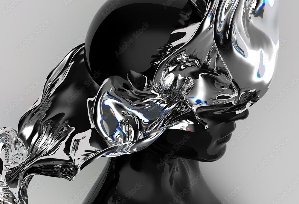Aufkleber abstract 3d illustration of a glossy black mannequin head merged with flowing, translucent liquid or