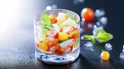 Fresh, colorful gazpacho glass with mint leaves, showcasing vibrant vegetables and ice cubes, perfect for summer refreshment