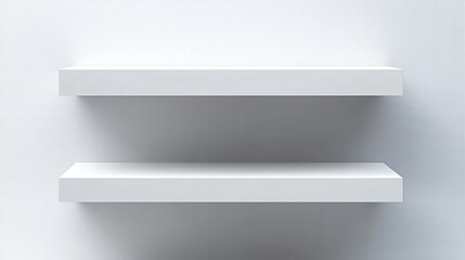 Two floating white wall shelves on tiled background for interior furniture storage concept.