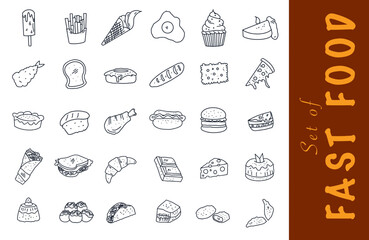 Set of fast food. 30 vector illustration fast food line style icons: ice cream, French fries, eggs, cake, bread, toast, donut, biscuits, burger, pizza, kebab, croissant, sushi, Takoyaki, dim sum