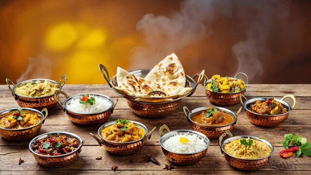 Delicious Indian cuisine displayed on a wooden table with various dishes and naan, perfect for a festive gathering or family meal