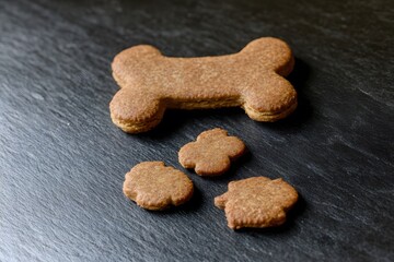 Fototapeta premium Homemade Dog Bone and Paw Print Biscuits on Dark Surface
