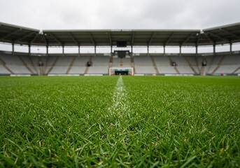 Obraz premium Lush green field stretches towards stadium under grey sky. AI Generated