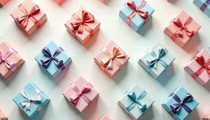 Elegant repeating gift box pattern, pastel hues, packaging, wrapping, colorful
