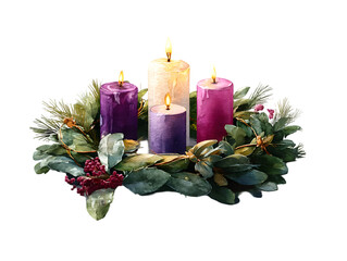 Decorative advent wreath with purple and pink candles set against a simple white background for festive celebrations during the holiday season
