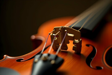 Fototapeta premium Detailed close up capturing the elegance of a violin, showcasing its exquisite craftsmanship, smooth curves, and rich warm tones of the wood and strings for an artistic feel