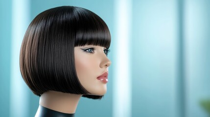 Fototapeta premium Artificial woman bob hairstyle headshot with black hair for beauty salon promotion banner or fashion magazine, cosmetology industry trends, chic and elegant.
