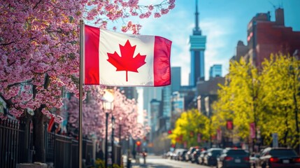 Canadian flag waving amidst blooming cherry trees lining a street creating a beautiful Toronto city scene for travel promotion and celebrating Canada Day