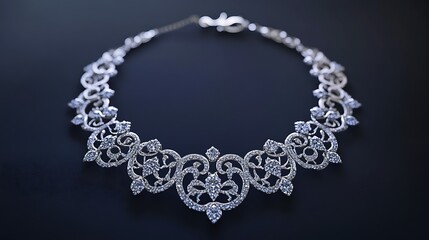 A diamond necklace shaped like an elegant lace pattern, delicate and intricate 