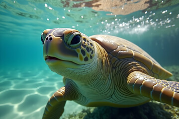 Obraz premium Detailed close up of an old sea turtle gracefully swimming underwater, showcasing its weathered shell and gentle expression in a vibrant ocean environment