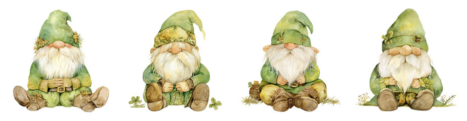 Naklejka premium Adorable Watercolor Gnomes Sitting Together in Green Outfits Perfect for St Patrick's Day or Spring Designs