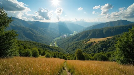 Obraz premium Vibrant photo of Cevennes National Park in France at midday, under mild, sunny summer weather, shot from a panoramic perspective.