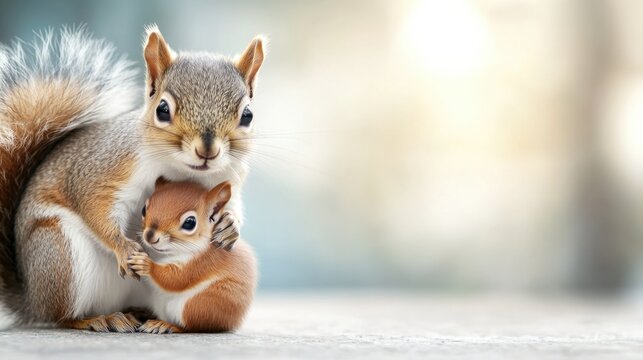 Caring squirrel mother embracing baby in natural habitat. Mother's Day, Mothering Sunday, Dia de la Madre - Global Maternal Celebration, Worldwide Family Holiday