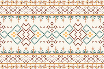Geometric pixel art pattern. Abstract pixel art geometric pattern design for fabric, carpet, tile, clothing, embroidery, needlepoint and background. Vector pixel art seamless motif Native American.