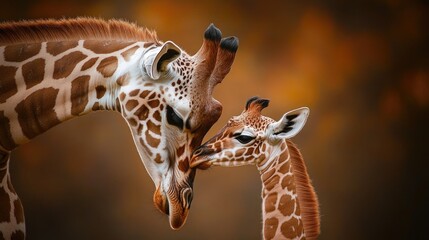 Tender moment between mother and baby giraffe in warm autumn light. Mother's Day, Mothering Sunday, Dia de la Madre - Global Maternal Celebration, Worldwide Family Holiday © O