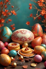 Fototapeta premium Easter composition with eggs, cookies and flowers on a dark green background