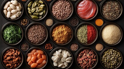 Obraz premium Nutritional pet food plan illustrated through a photo collage of fresh food combos and dry blends in bowls