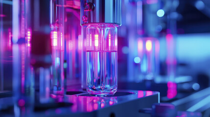 Glowing laboratory tools create dynamic atmosphere with vibrant colors and reflections, showcasing innovation and technology