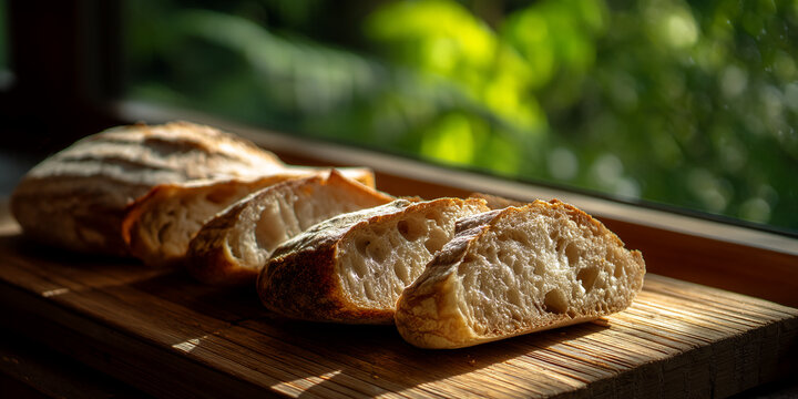 Slices of crusty bread on wooden board, sunlit background showcasing texture and detail, representing freshness, baking, and simple pleasures