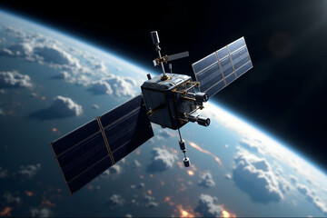 Fototapeta premium Detailed Image of a Silver Satellite with Solar Panels Orbiting Above Earth's Clouds and City Lights, Showcasing Advanced Space Technology and Exploration