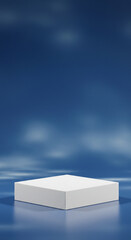 White Square Product Display Podium. Empty cube pedestal on a blue reflective surface against a blurred sky background with soft clouds. Abstract serene scene.