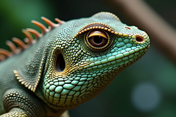 Fototapeta premium Detailed Macro View of a Lizard's Scaly Skin and Eye, Showcasing Intricate Textures and Vibrant Colors in a Sharp, Magnified Perspective