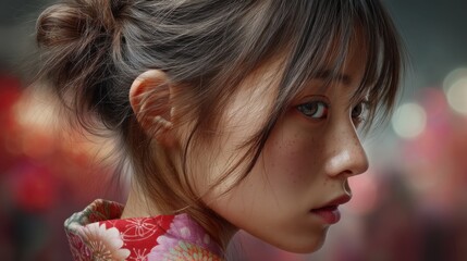 Naklejka premium Side profile portrait of young woman in kimono with bokeh lights at Japanese summer festival, perfect for mobile screen visuals and fashion branding