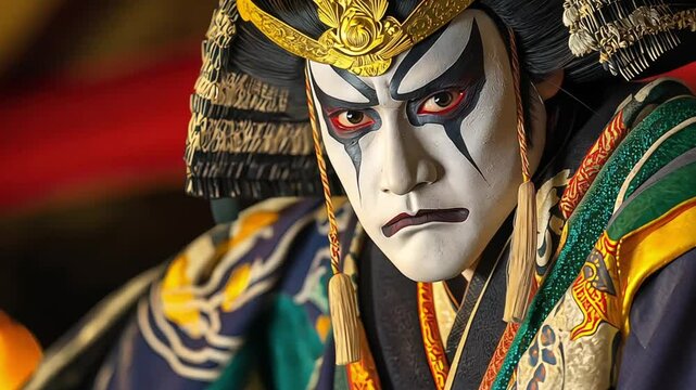 Close-up portrait of a kabuki actor in dramatic makeup and traditional Japanese costume, displaying an intense expression 