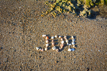 Word JOY formed from small seashells on a sandy beach. The shells vary in size and color, adding a whimsical touch to the composition.