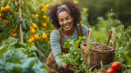 A cheerful woman wearing overalls and a headband harvests fresh leafy greens in a thriving garden. Surrounded by vegetables, including yellow tomatoes and lettuce