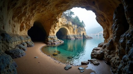 Detailed photo of Grotte de Trabuc, France at midday with cool, rainy winter weather, captured from above.