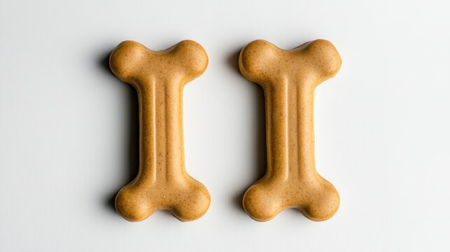Two dog treats in bone shape on clean white surface, flat lay style for minimal PNG display
