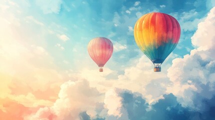 Obraz premium Skyward Serenity – A Colorful Display of Hot Air Balloons Floating Gracefully Amongst Dreamy Clouds in a Picturesque Sunlit Sky