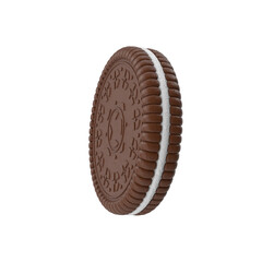 3D rendering close-up of chocolate sandwich cookie biscuit with cream filling intricate pattern design isolated on a white background