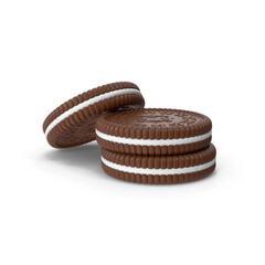 3D rendering close-up of chocolate sandwich cookie biscuit with cream filling intricate pattern design isolated on a white background