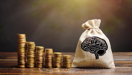 A bag with a brain symbol and money coins. Hunt for best minds and competition between leading powers for skilled specialists professionals. Attract top talent in science, technology, and innovation.