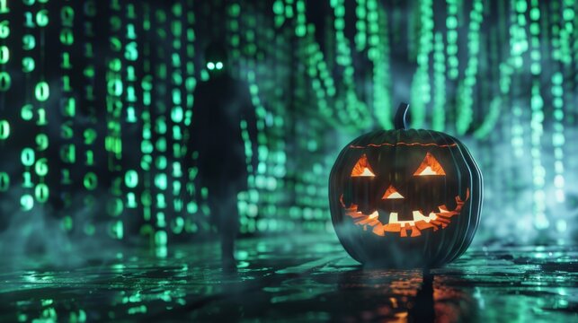 Futuristic pumpkin with glowing face and eerie green binary code rain. Mysterious silhouette with glowing eyes adds a sinister cyberpunk vibe