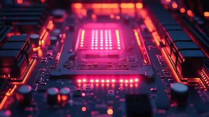 Close-up view of a high-tech circuit board with intricate details and glowing red LED lights providing a futuristic atmosphere