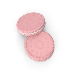 3D rendering close-up of  pink sandwich cookie biscuit with cream filling intricate pattern design isolated on a white background