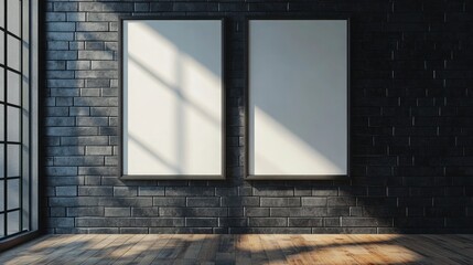 Modern Minimalism – A Stylish Room with Dark Textured Walls, Two Large Empty Frames, and Wooden Floors, Characterized by Simplicity and Elegance