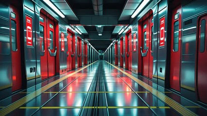 Empty futuristic subway station with sleek red trains lined up on both sides, reflective floors, and neon lighting in a symmetrical design
- Powered by Adobe