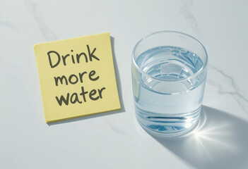 "Drink More Water" note with a glass of water on a marble surface, promoting hydration and healthy habits