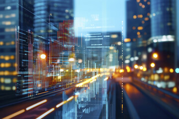 Fototapeta premium futuristic cityscape with digital data overlays, showcasing technology and innovation in urban environments