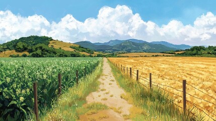 Naklejka premium Countryside Sunset Symphony – A Serene Landscape of Green Pastures and Golden Fields Divided by a Dirt Path, Embraced by Wooden Fences and Bathed in the Warm Glow of Dusk