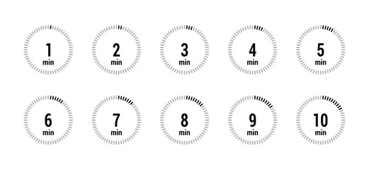 timer minutes 1, 2, 3, 4, 5, 6, 7, 8, 9, 10 symbol set icon vector black style isolated on white background. Clock, stopwatch, sport icon