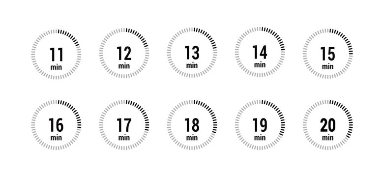 timer minutes 11, 12, 13, 14, 15, 16, 17, 18, 19, 20 symbol set icon vector black style isolated on white background. Clock, stopwatch, sport icon