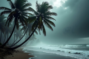 Fototapeta premium Dramatic coastal scene with palm trees swaying under a stormy sky, where the sea meets the sandy shore in a high contrast, evocative, and captivating seascape