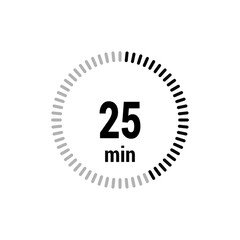 25 timer minutes symbol icon vector black style isolated on white background. Clock, stopwatch, sport icon