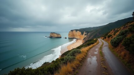 Obraz premium Panoramic shot of Cap Frehel in France, with cool, rainy winter weather and coastal views.