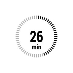 26 timer minutes symbol icon vector black style isolated on white background. Clock, stopwatch, sport icon